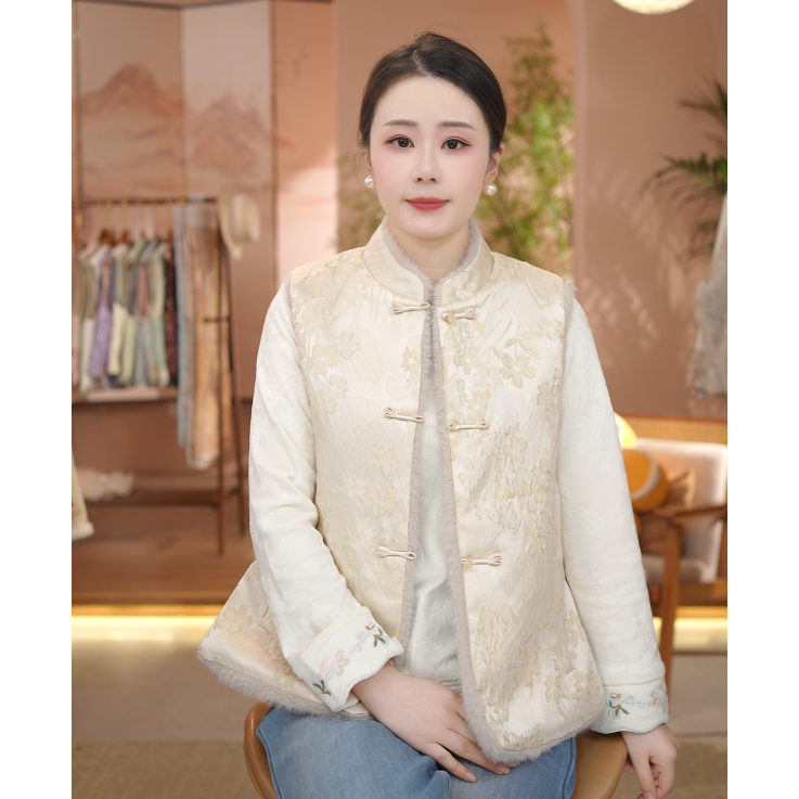 《 繁花初绽-加绒马夹》2025年秋冬新款立领新中式提花加绒加厚保