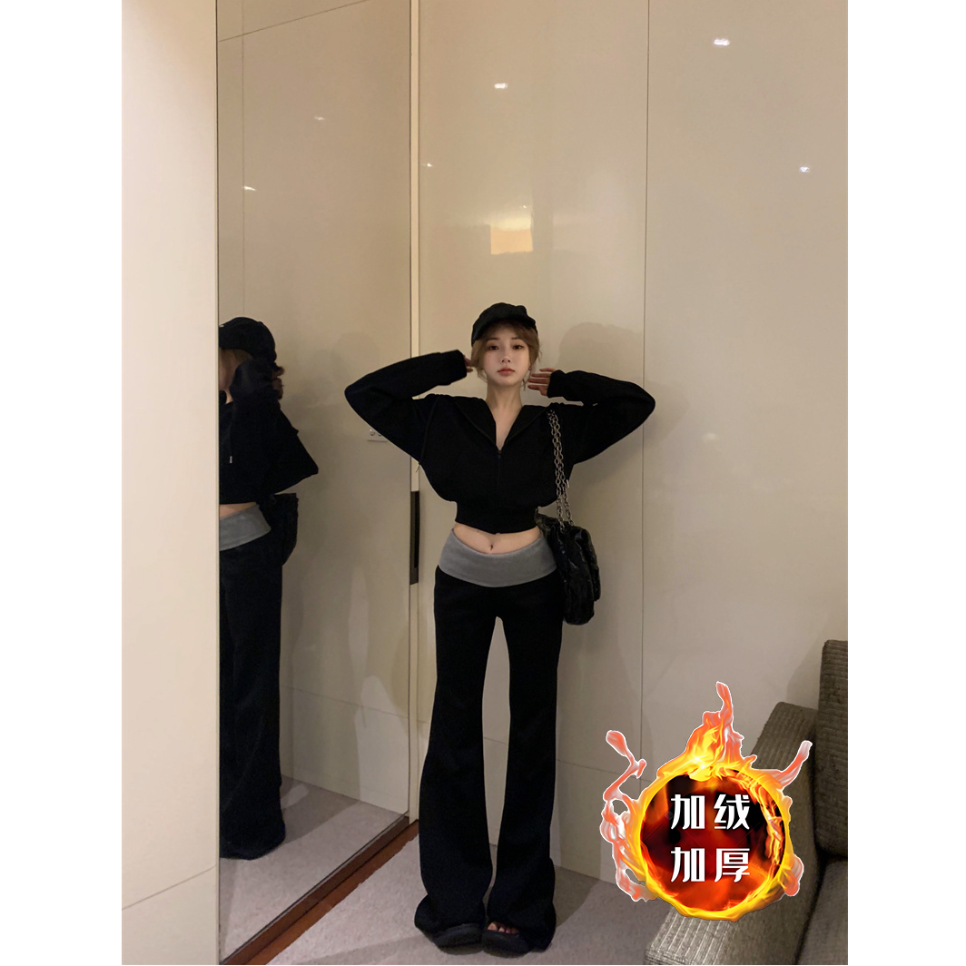 美式套装女秋冬连帽拉链长袖卫衣外套加绒加厚撞色喇叭拖地长裤子