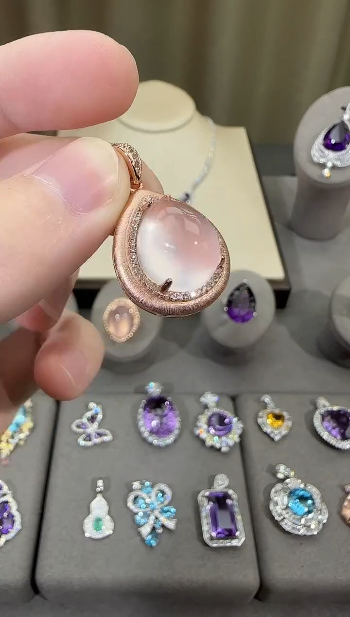 颈饰银S925镶嵌芙蓉石14*16mm吊坠星光粉水晶