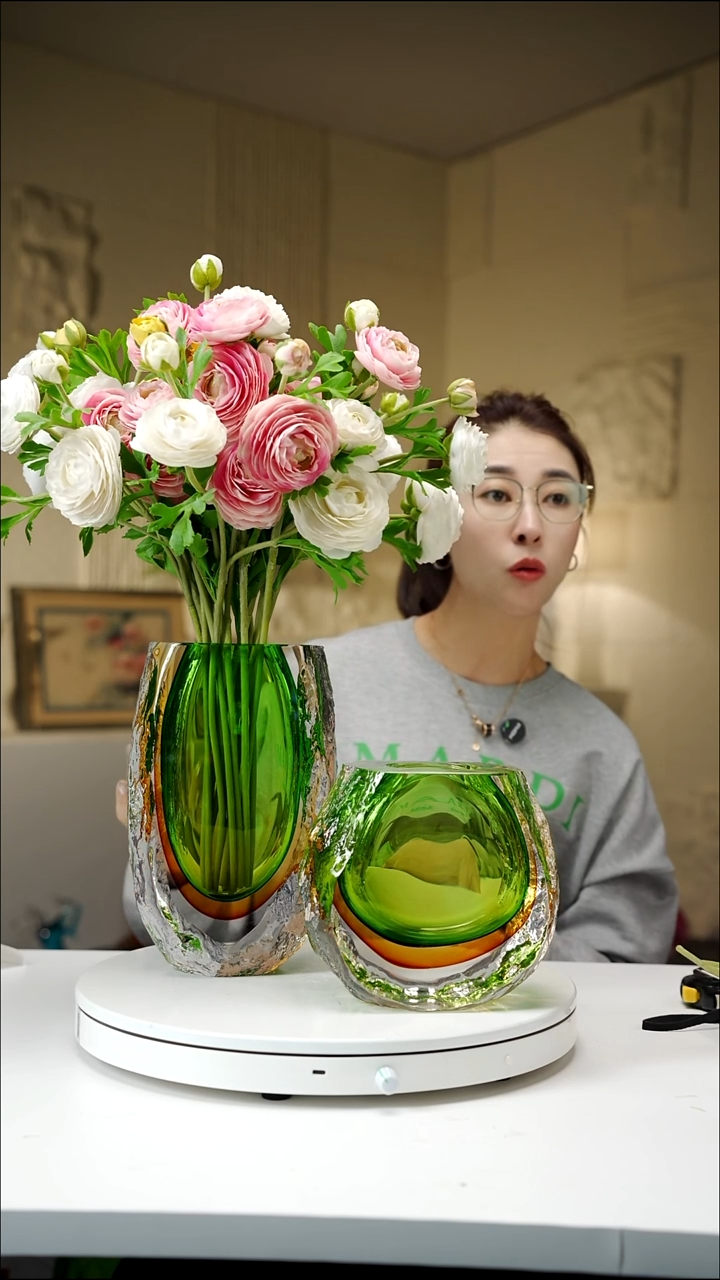 手工艺品琉璃琥珀绿肌理纹花瓶一组