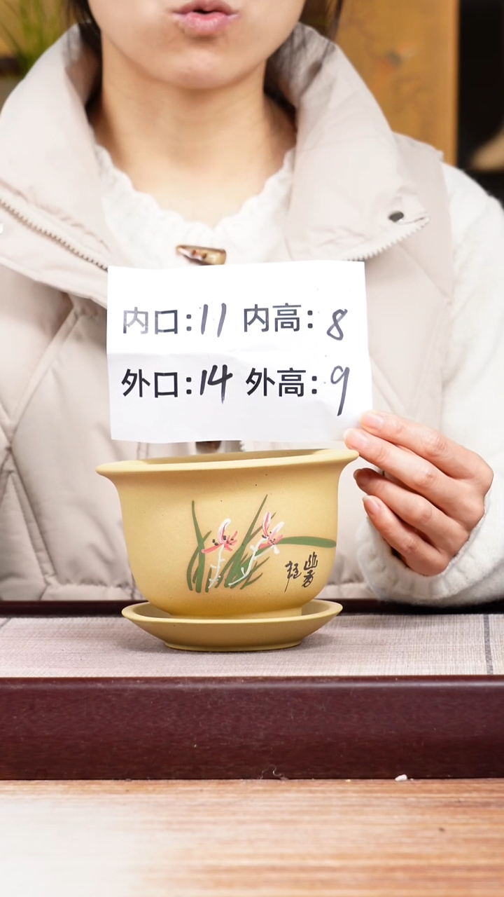 紫砂花盆段泥绘兰花迷你矮圆盆一只带色差托盘