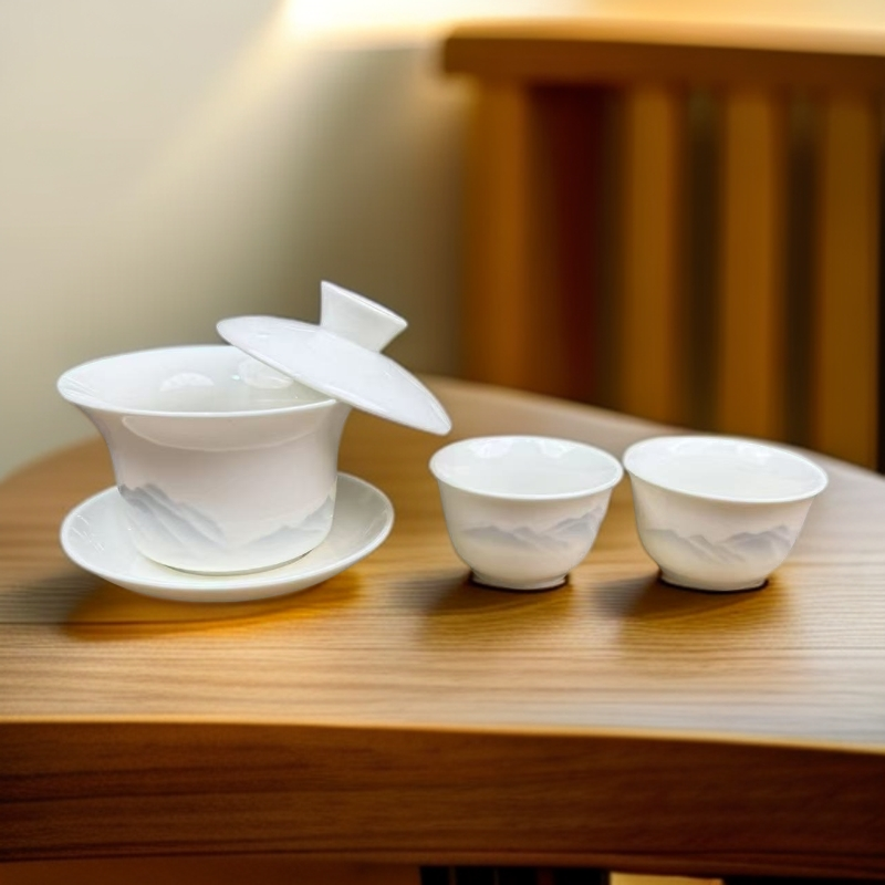 远山三才盖碗带两杯闻香杯品茗杯无礼盒