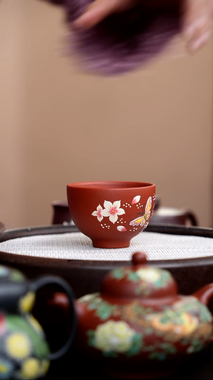 茶壶紫砂朱泥小碗杯蝴蝶粉
