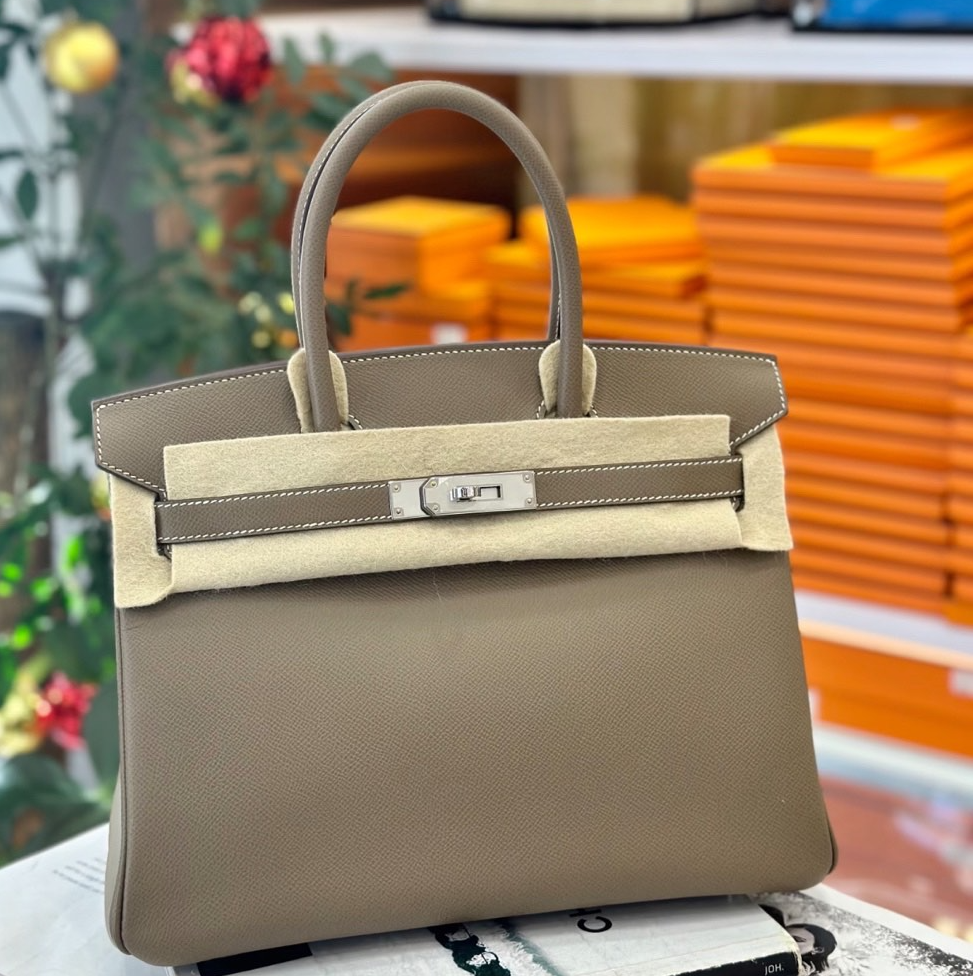 99新 Hermes/爱马仕 小花6珊Birkin 30 大象灰 Epsom皮 B刻银扣包