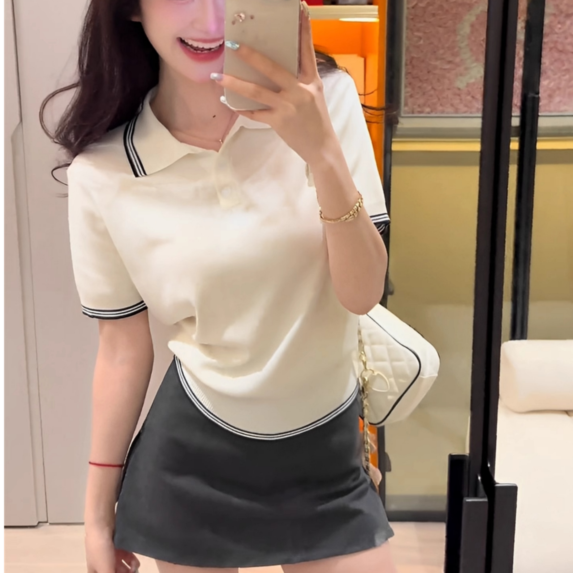 Polo领短袖针织衫女夏季新款韩系时尚气质撞色正肩休闲翻领上衣