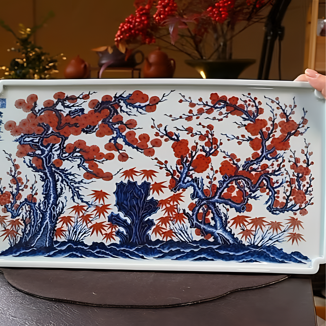 雲林匠造青花釉里红松竹梅干泡台40.5*22公分