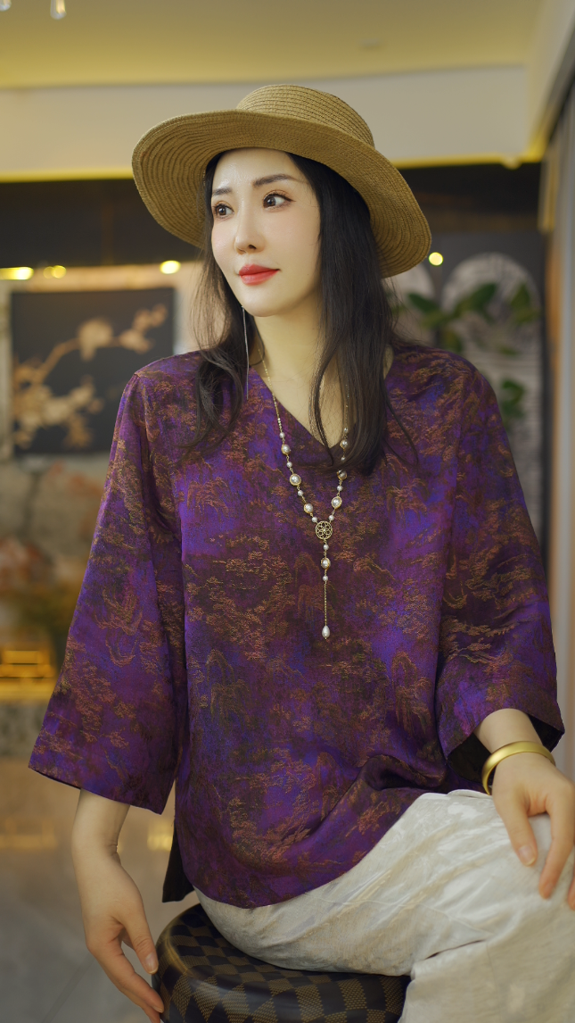 （紫陌）国风老钱风复古提花上衣新中式