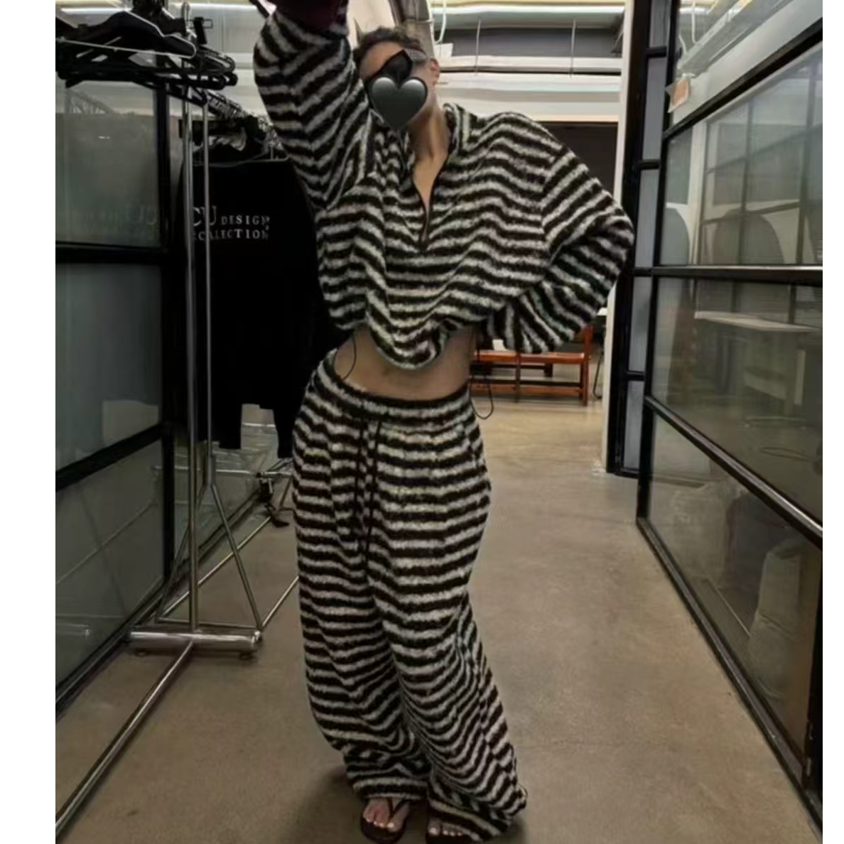 AL SHOP【松弛的自我】韩系新款加厚条纹慵懒半拉链直筒裤套装