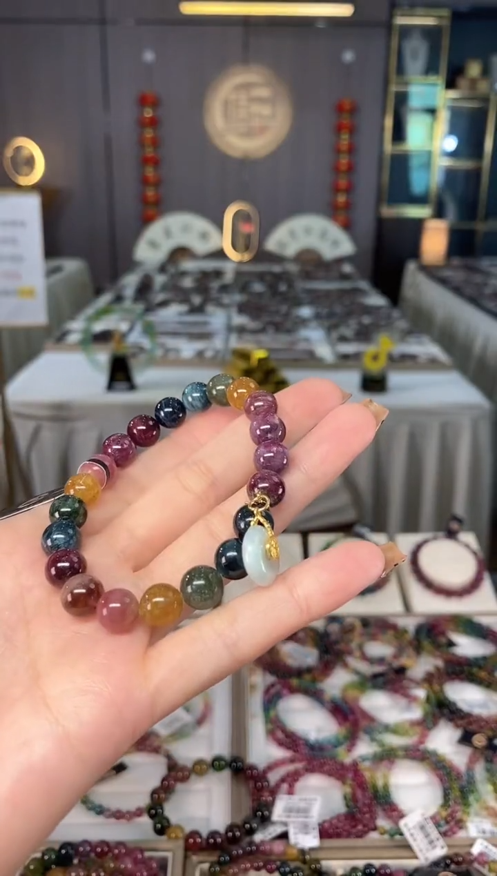 未镶嵌老矿碧玺色标彩虹单圈手串9mm+碧玺dan多样性发货一条