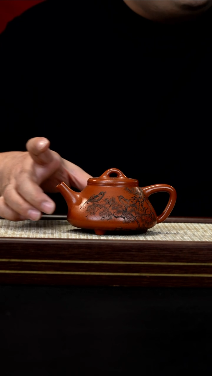 茶壶紫砂77 大红泥  子冶石瓢 树鸟