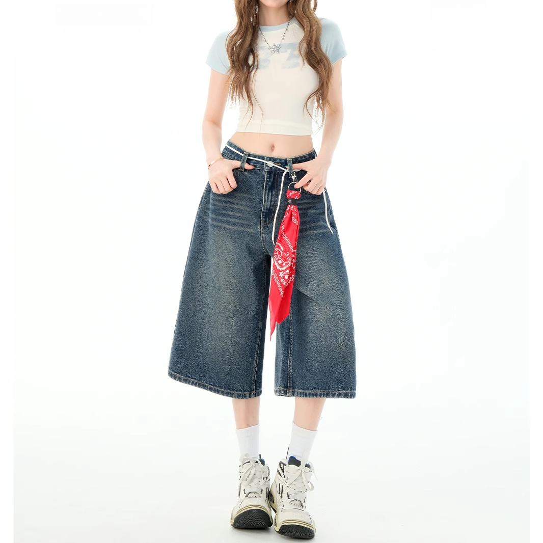 复古蓝七分裤女2025年夏季薄款直筒宽松高腰显瘦牛仔百搭短中裤