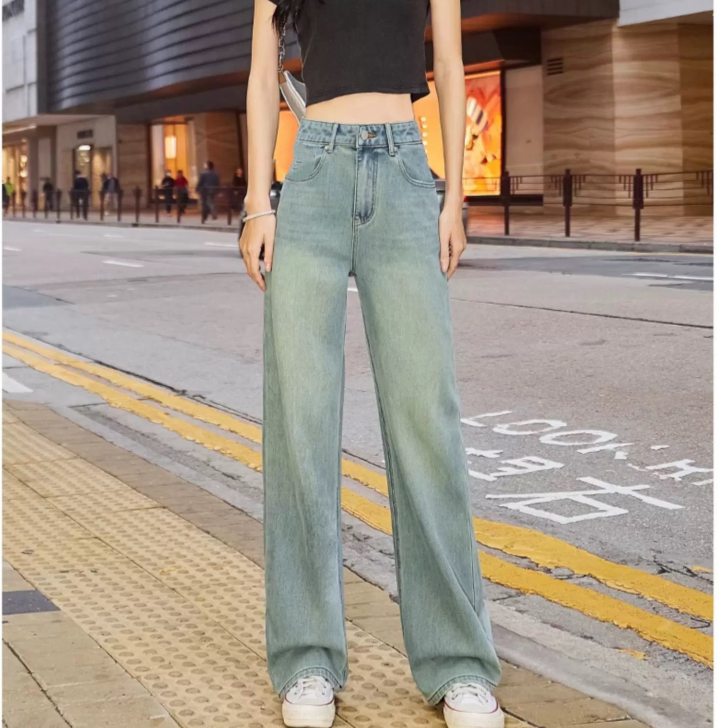 夏款（冰水蓝）高腰显瘦遮肉百搭窄版阔腿牛仔裤