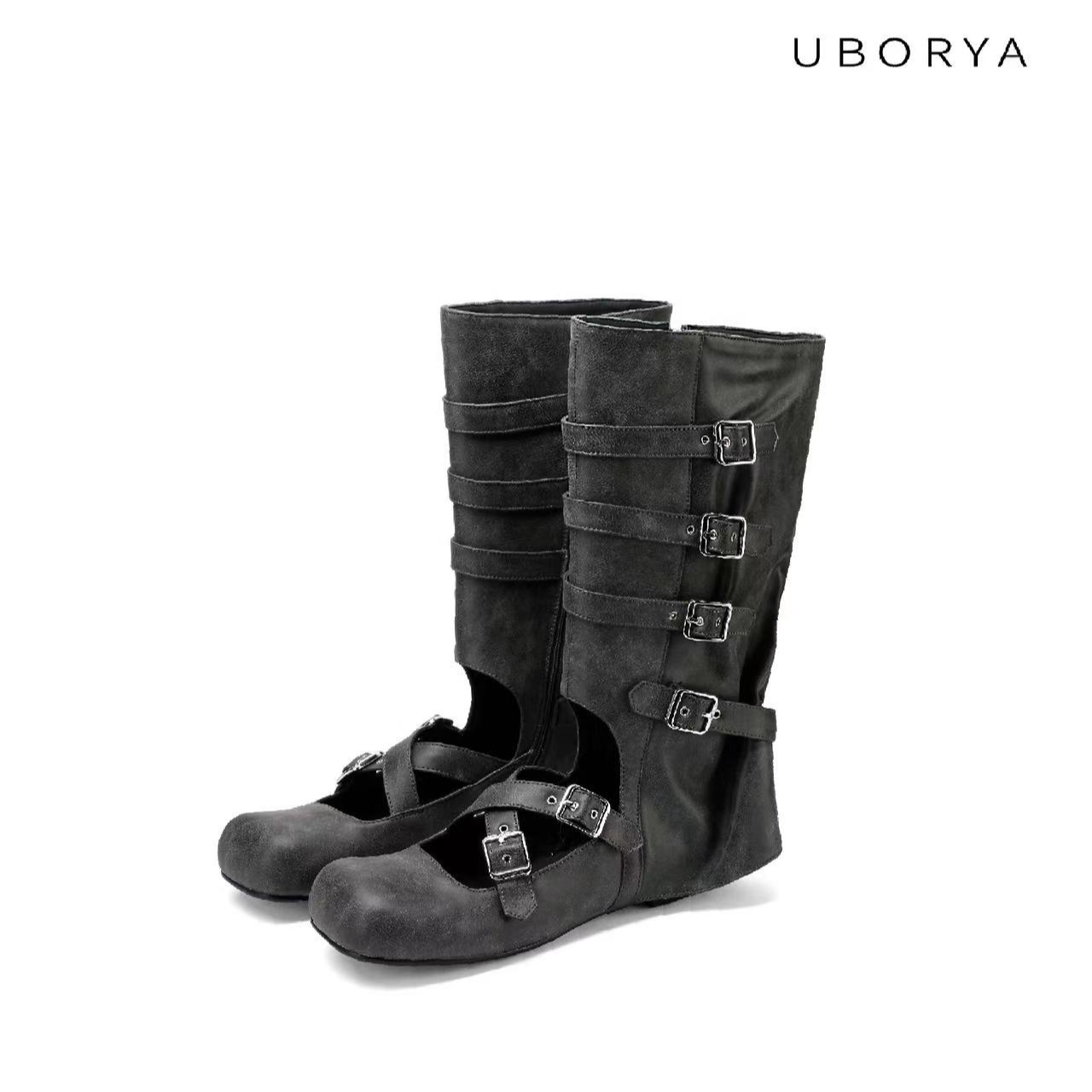 UBORYA设计师原创平底镂空芭蕾长靴朋克手工黑色斑驳感真皮女靴