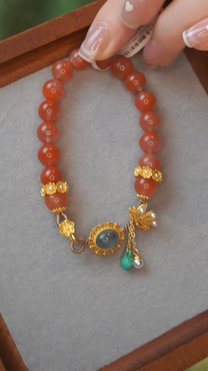 【闪购商品】南红玛瑙手链银S925镀金镶嵌南红手串