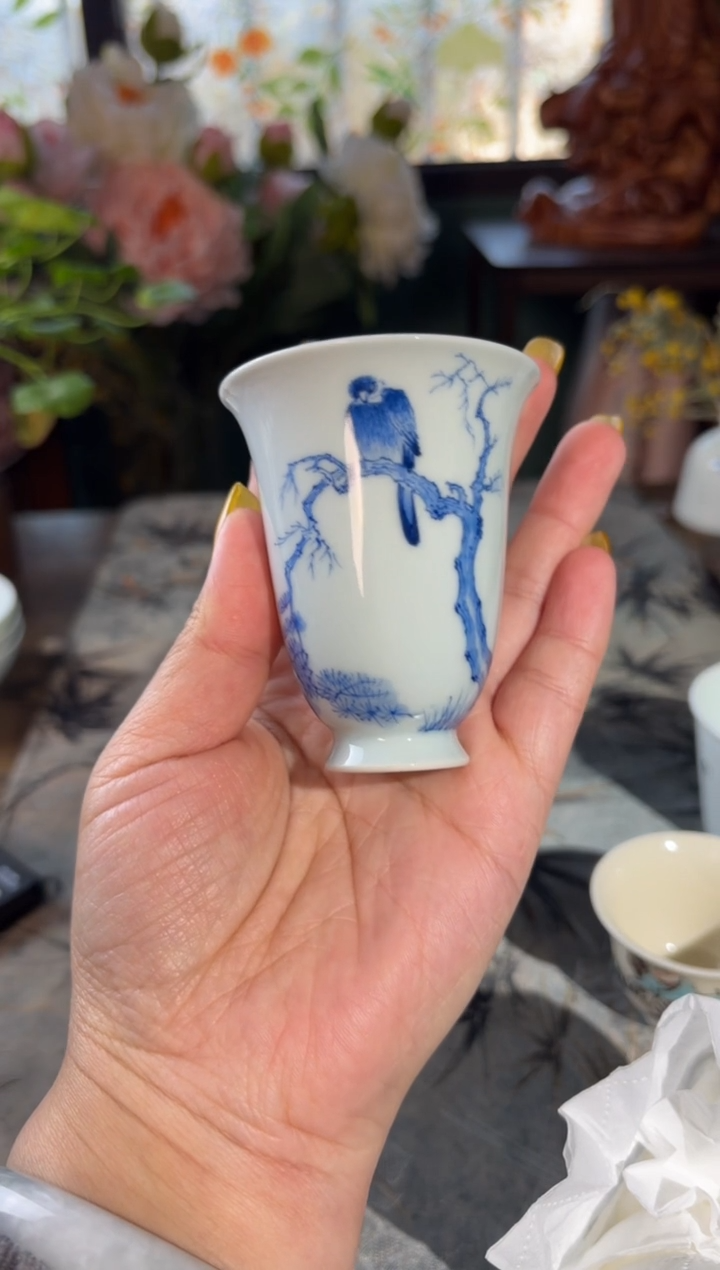 瓷孤品福利青花手绘雀上枝头
