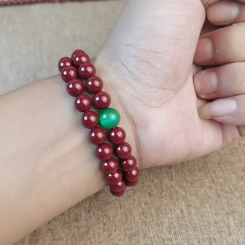 含辰砂工艺品天然朱砂8MM双圈祖母绿猫眼