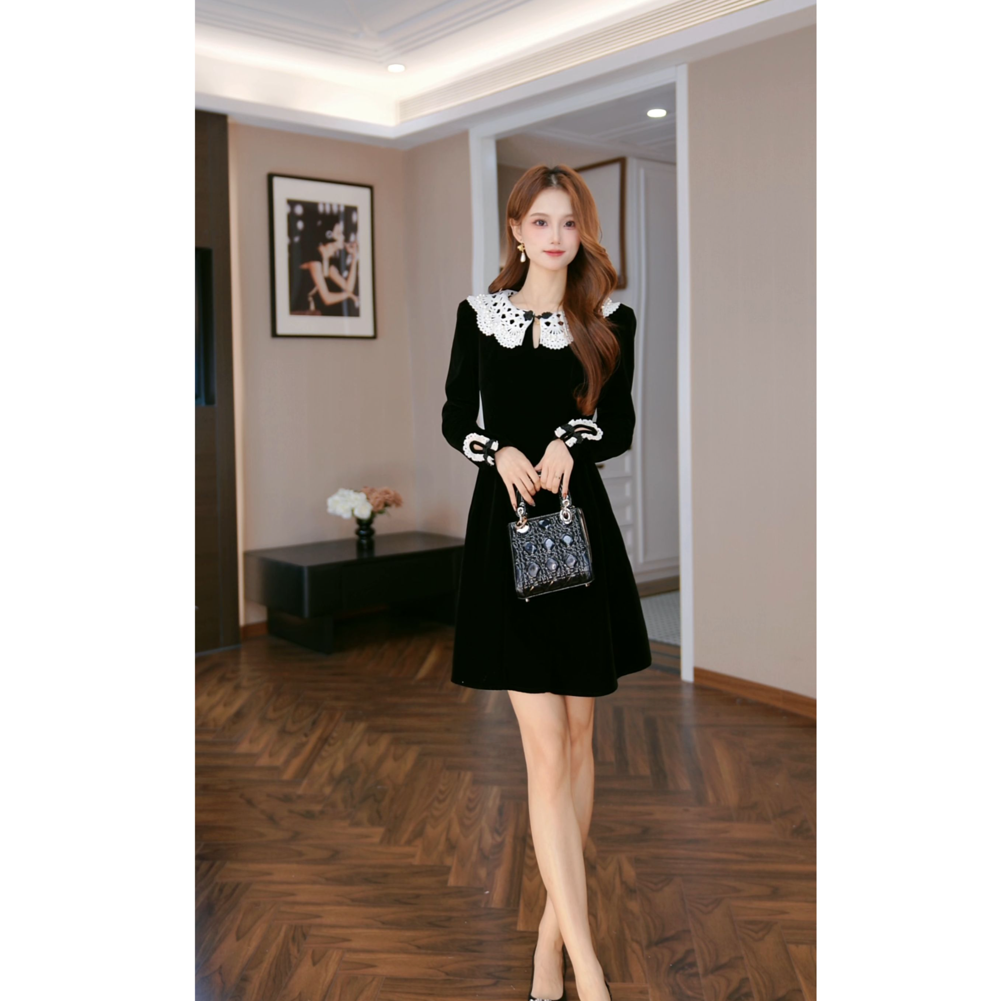 【媛一一定制】气质减龄不褪色长袖轻奢法式名媛宴会连衣裙 45437