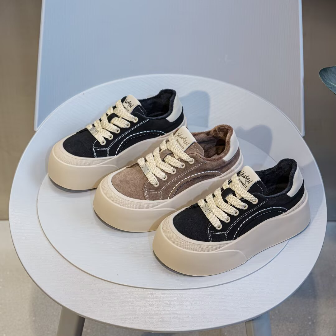 正品小个子厚底面包鞋女2025新款加绒松糕底系带休闲百搭板鞋0560