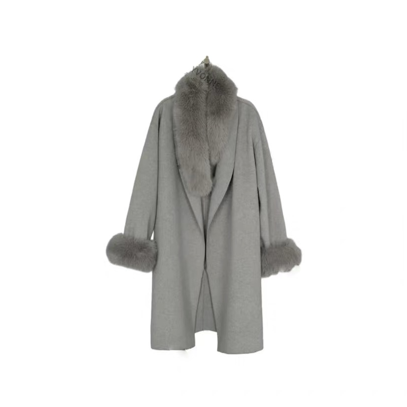 新版秋冬自带贵气感宽松百搭双面呢羊毛大衣+同色系毛领