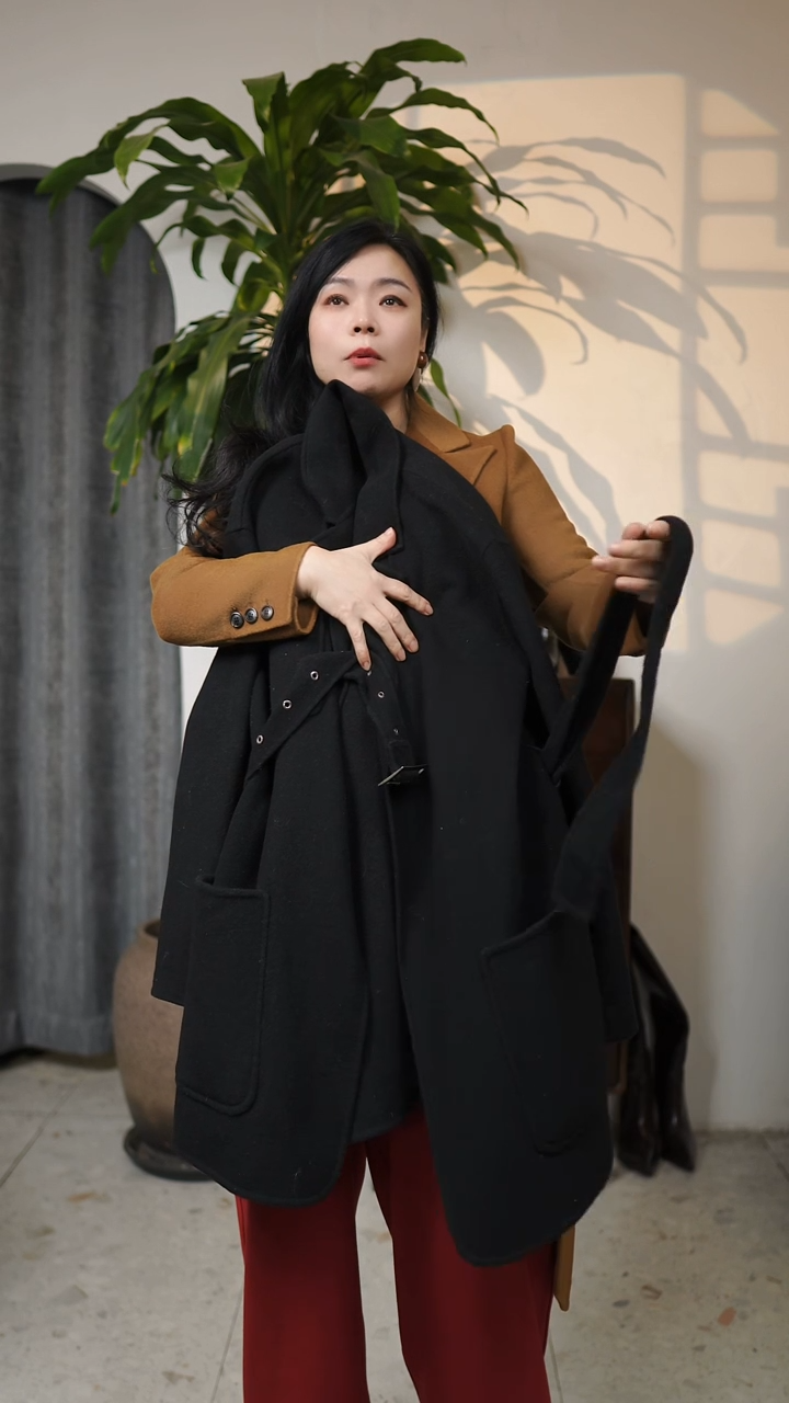 一手长腰带毛呢外套，黑色，M，样衣默认微次