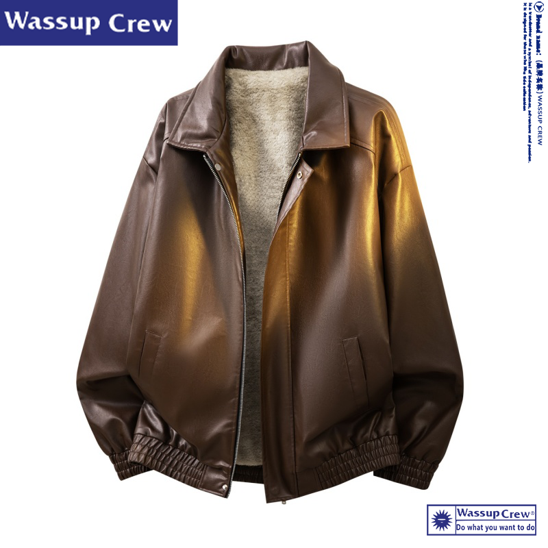 WASSUP CREW 美式复古纯色PU皮夹克男冬季防泼水加绒翻领夹克外套