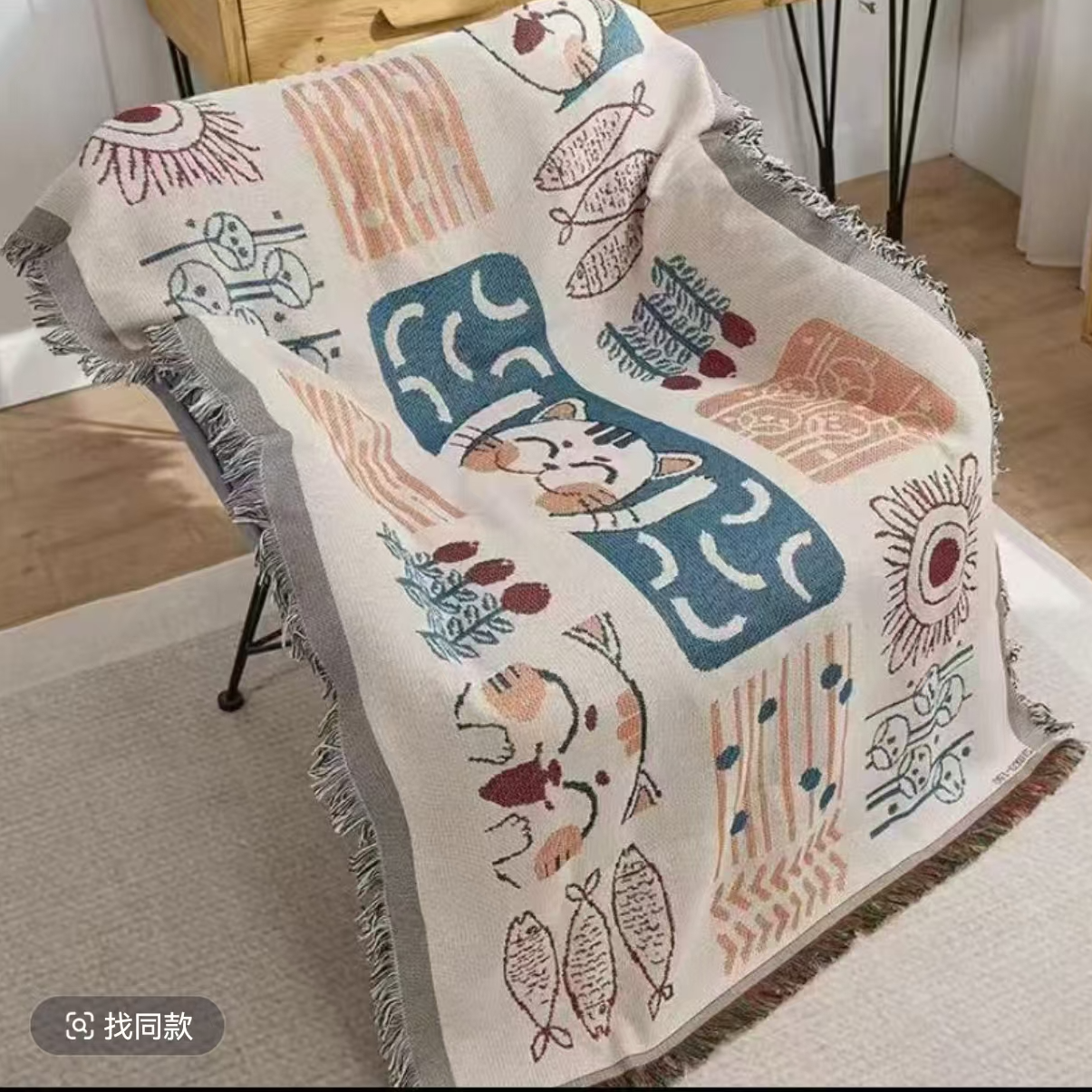 【温暖居家】沙发巾 90×180 柔软亲肤舒适透气-蓝色招财猫微瑕