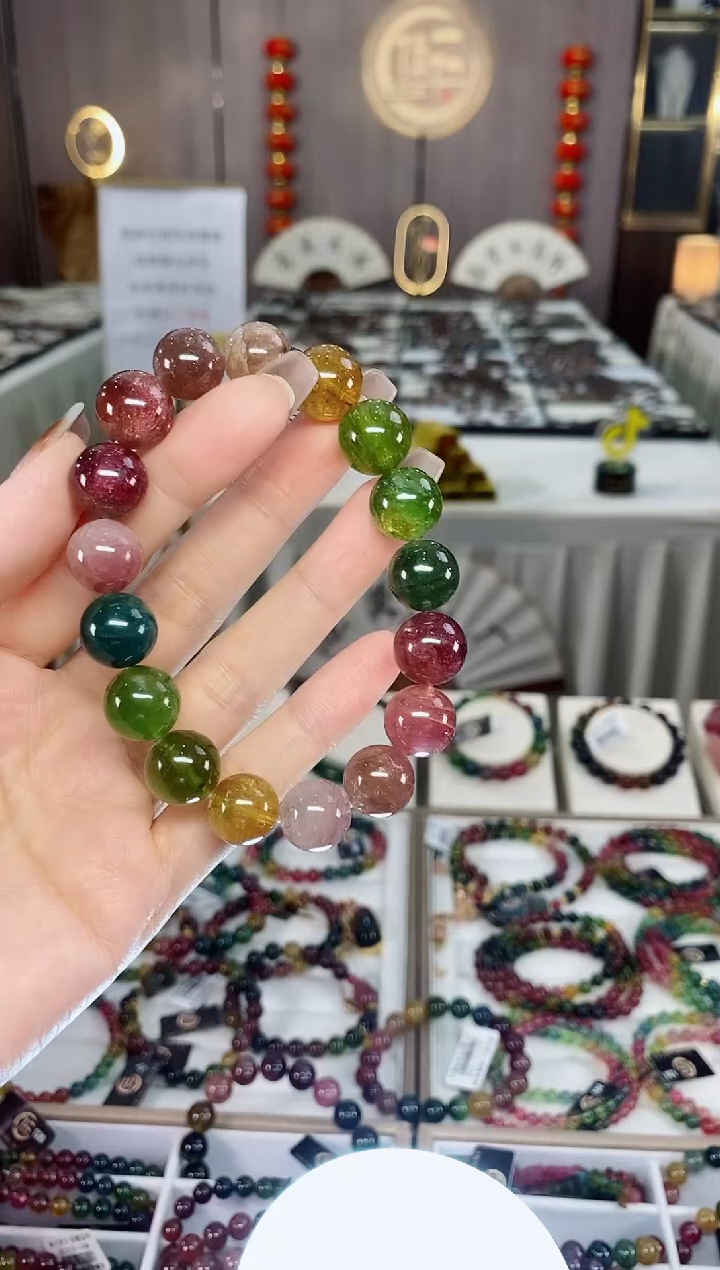 老矿彩虹碧玺色标单圈手串12mm+未镶嵌碧玺dan多样性发货一条