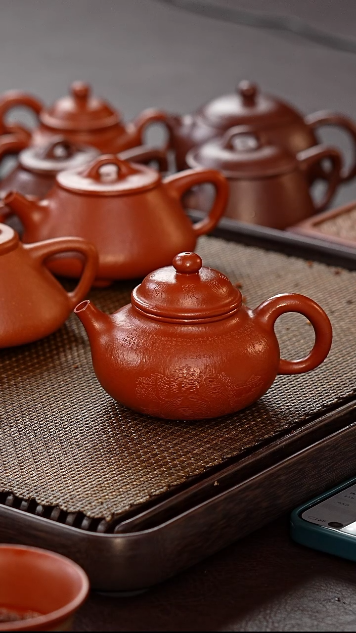 茶壶紫砂楼***铺容天大红袍刻绘220CC