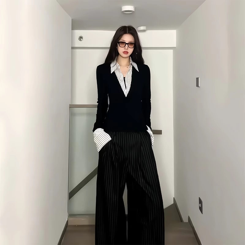 码胖mm美式辣妹风假两件polo领女秋季显瘦设计感气质衬衫上衣
