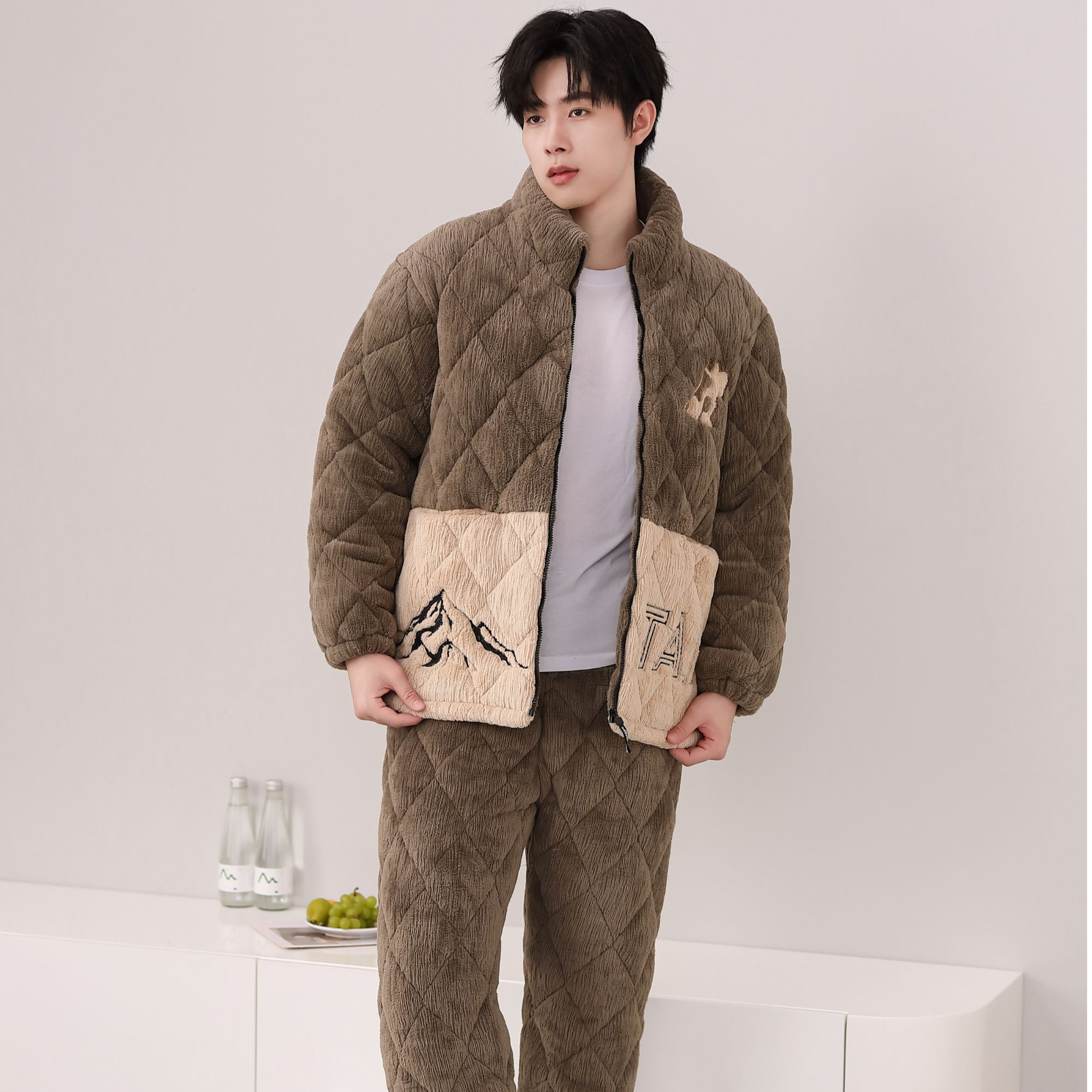 【0279红-卡其山系】男三层夹棉加厚睡衣男士冬保暖外穿家居服套装