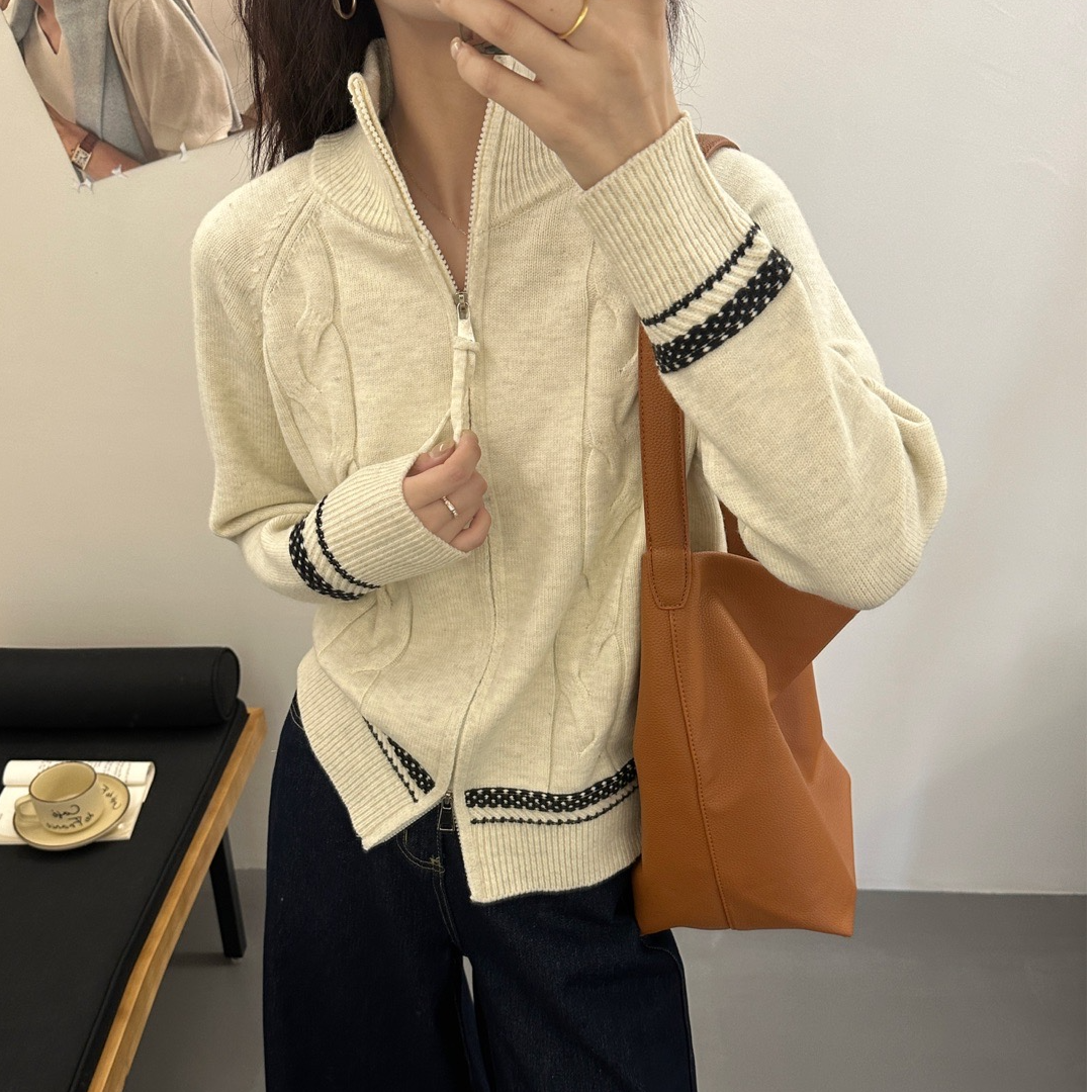 2025秋冬新款麻花翻领拉链宽松休闲毛衣女开衫针织衫上衣慵懒外套
