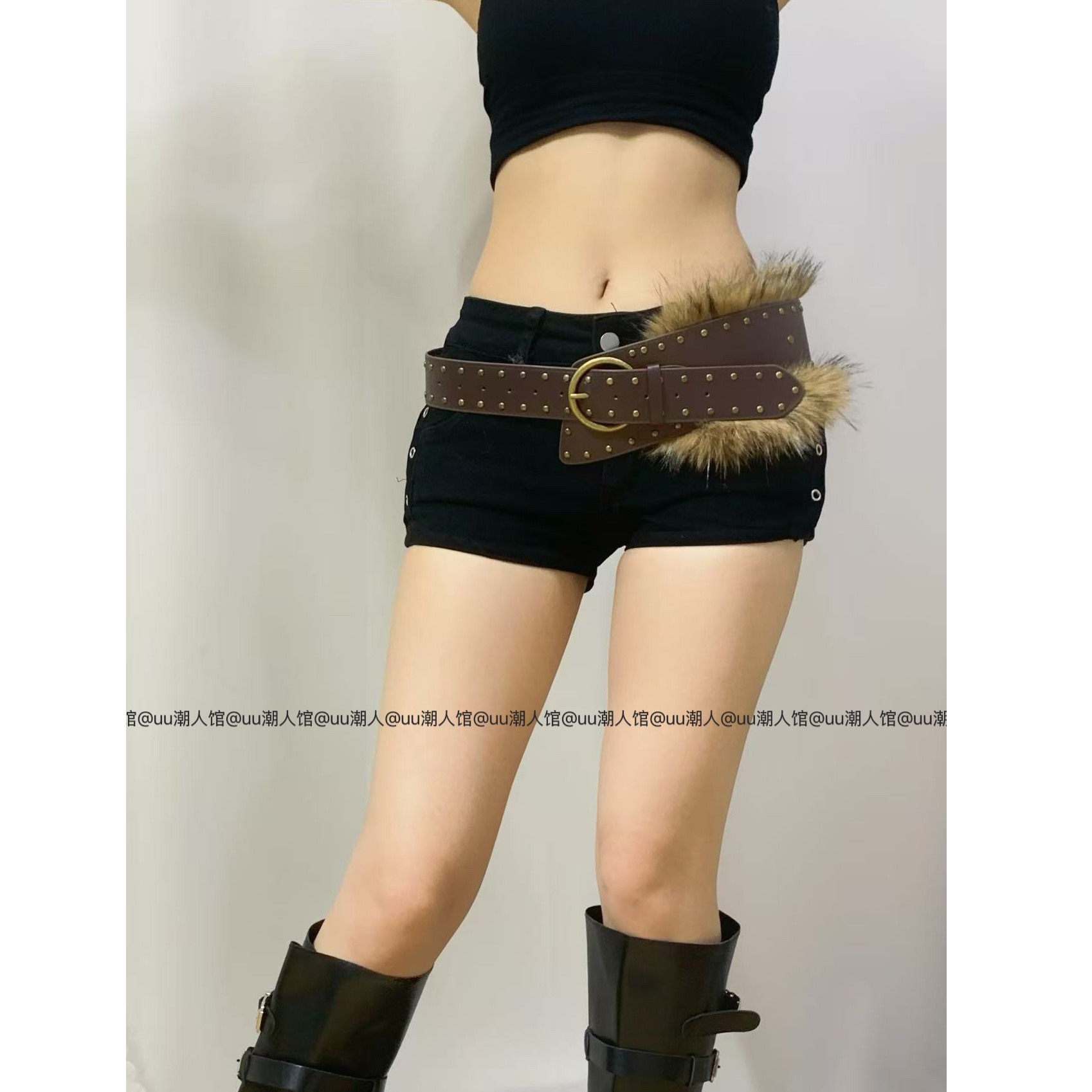 美式西部风铆钉毛绒拼接腰封女配裙子牛仔裤收腰宽版皮带重工配饰