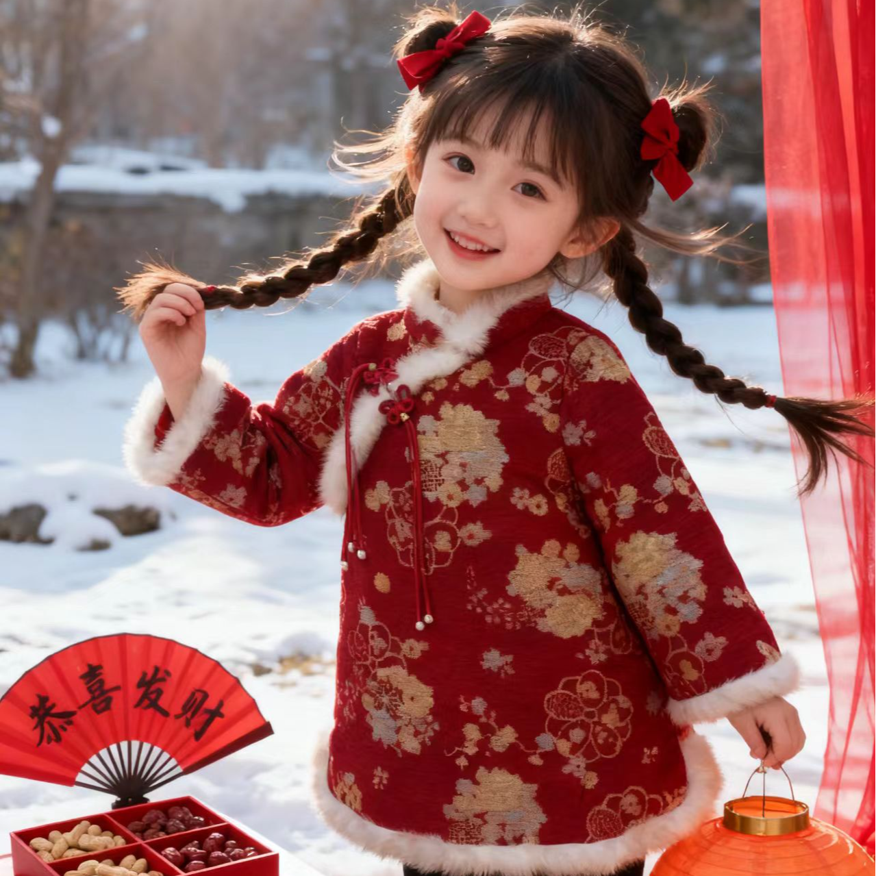 新中式旗袍女童拜年服冬季2026国风儿童汉服小女孩紫色加绒连衣裙