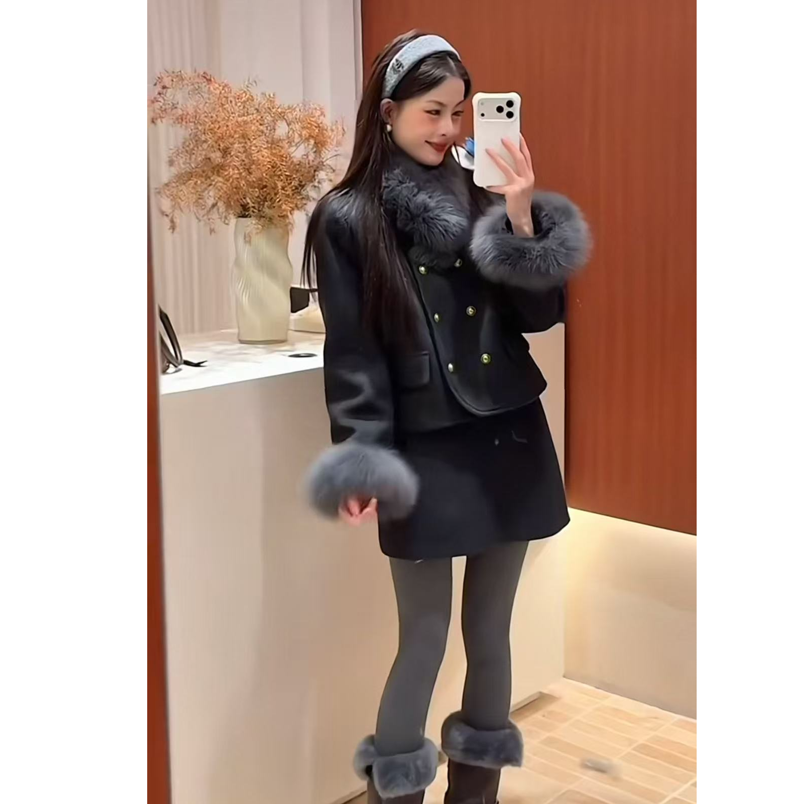 外套+半身裙两件套女2025冬季小香风双排扣毛呢套装68537