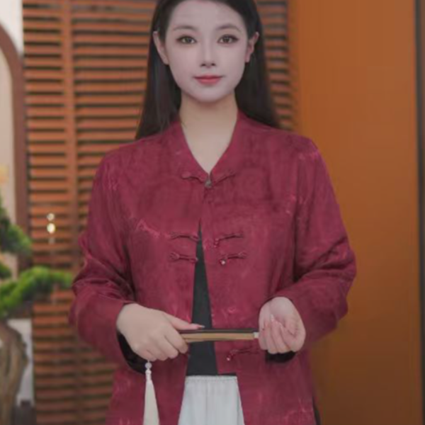 【苑鸾】新中式女装新款2025秋季刻花短外套提花真丝长袖上衣女