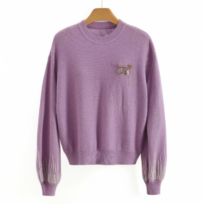 F7153-【郁】别针装饰圆领百搭休闲毛衣#XYX58M016