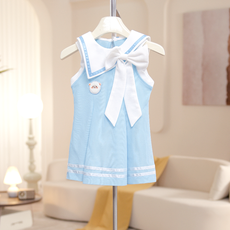【蔚蓝】女童夏季polo裙子蝴蝶结女宝休闲学院风连衣裙蓝色SA30201