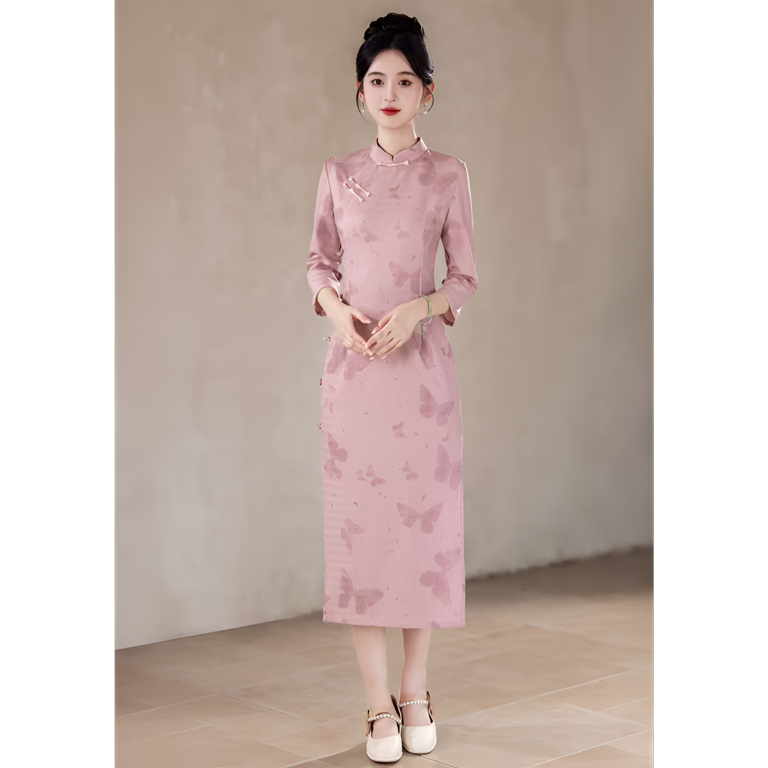 2025秋款上新复古七分袖网红中长款旗袍文艺提花日常