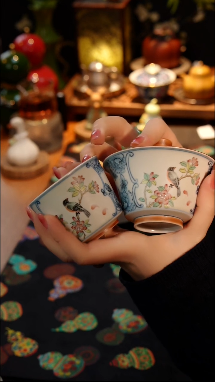 茶器青花斗彩花鸟主人杯+盖碗一套