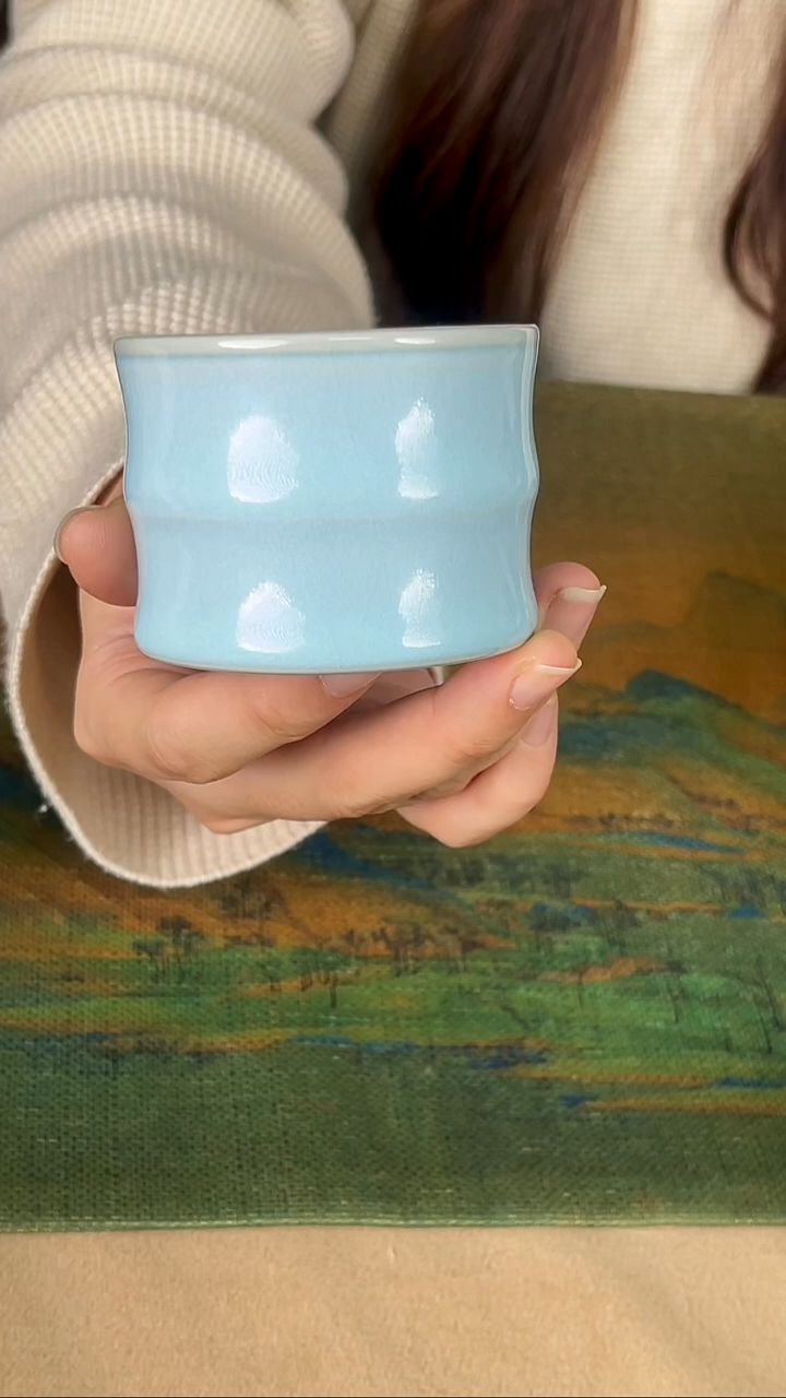 杯子瓷韩红 天青釉 竹节杯