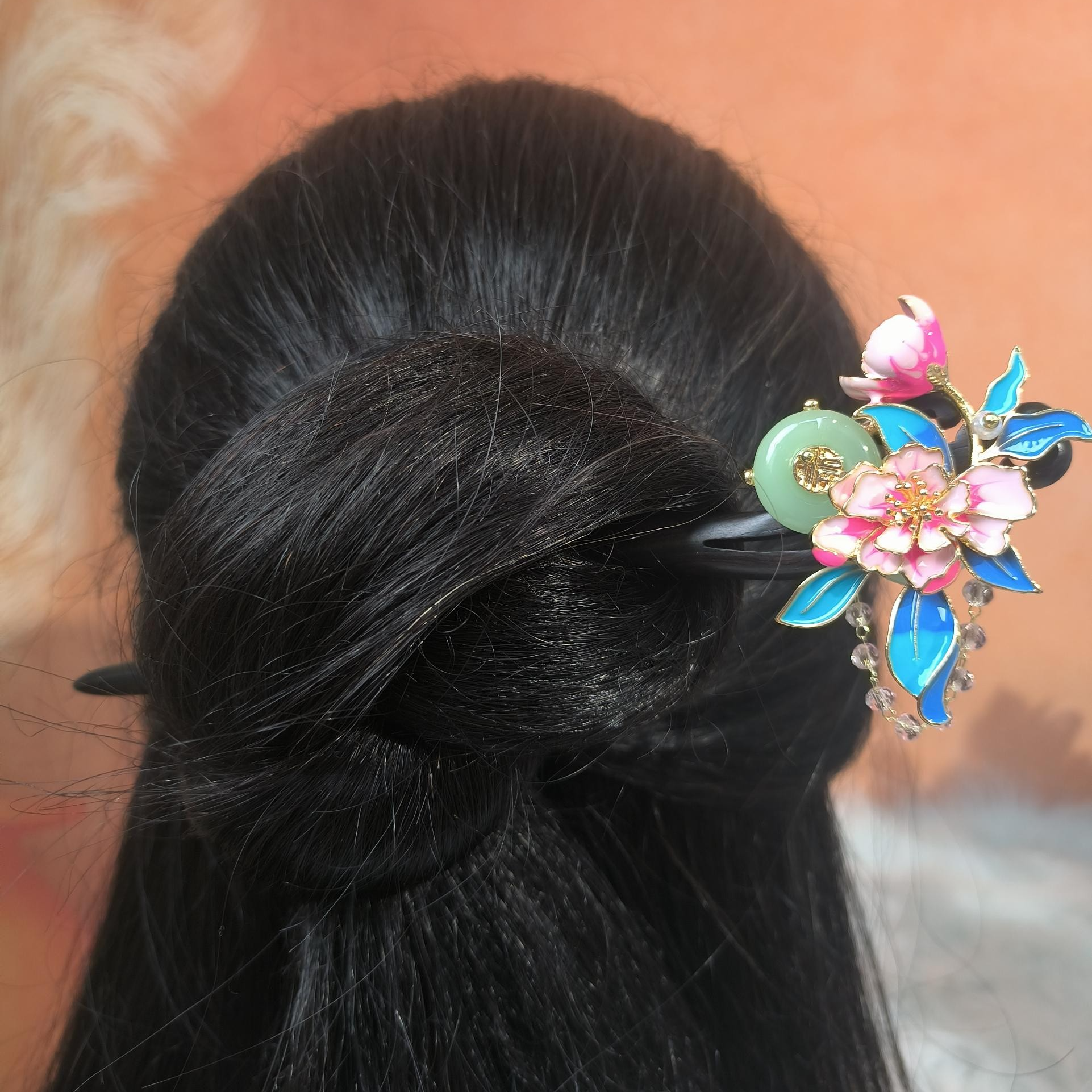 K475【玉棠枝】单簪花朵珐琅彩流苏原创设计手工款18公分发簪