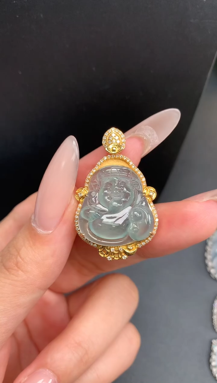 【闪购商品】翡翠18K金镶嵌颈饰财神1340