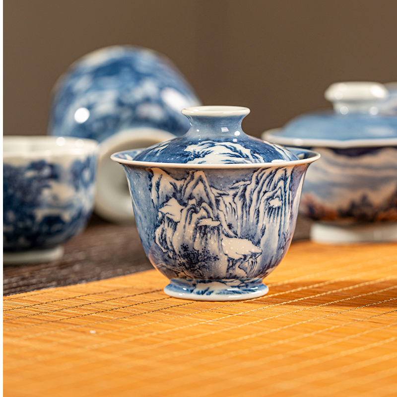 【小乔赏瓷】景琳藏雪景群峰雪霁图二才盖碗jlc80