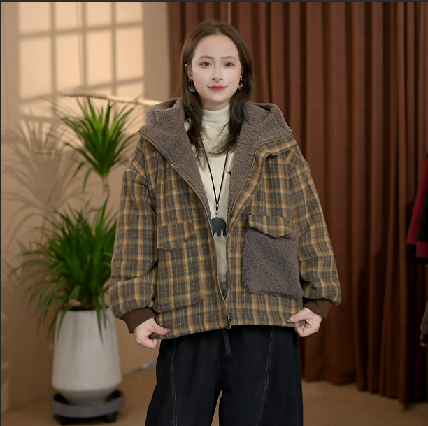 冬季双面双穿格子长袖不起球宽松型连帽女棉衣大衣冬季加厚韩版