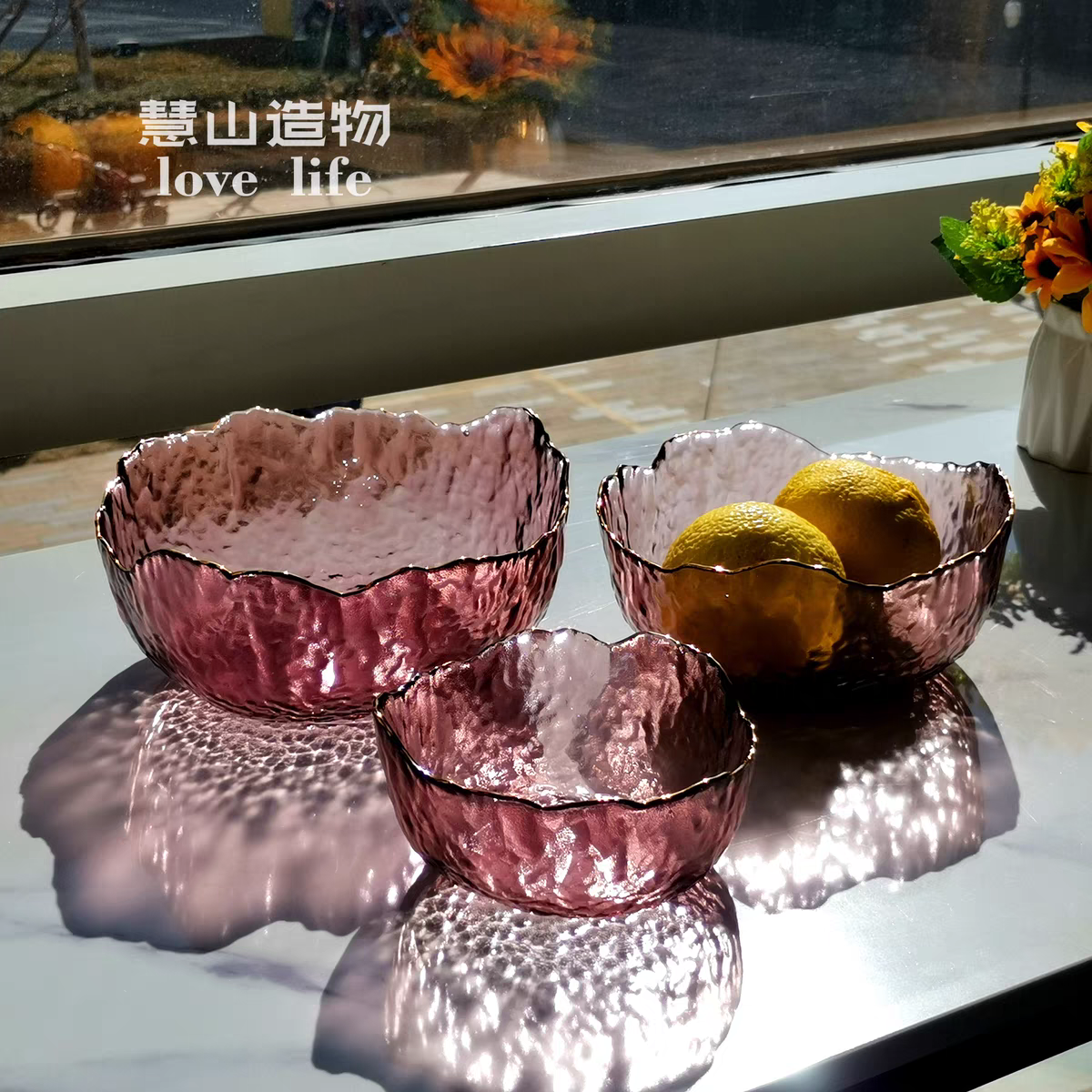 ins风北欧风创意时尚轻奢水晶多彩镶金边锤目纹玻璃沙拉碗水果碗