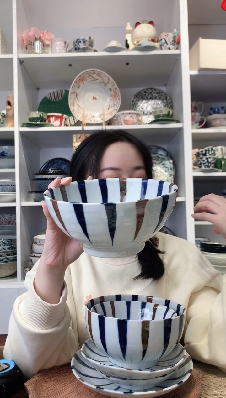 陶瓷三峰蓝十草大汤碗18cm