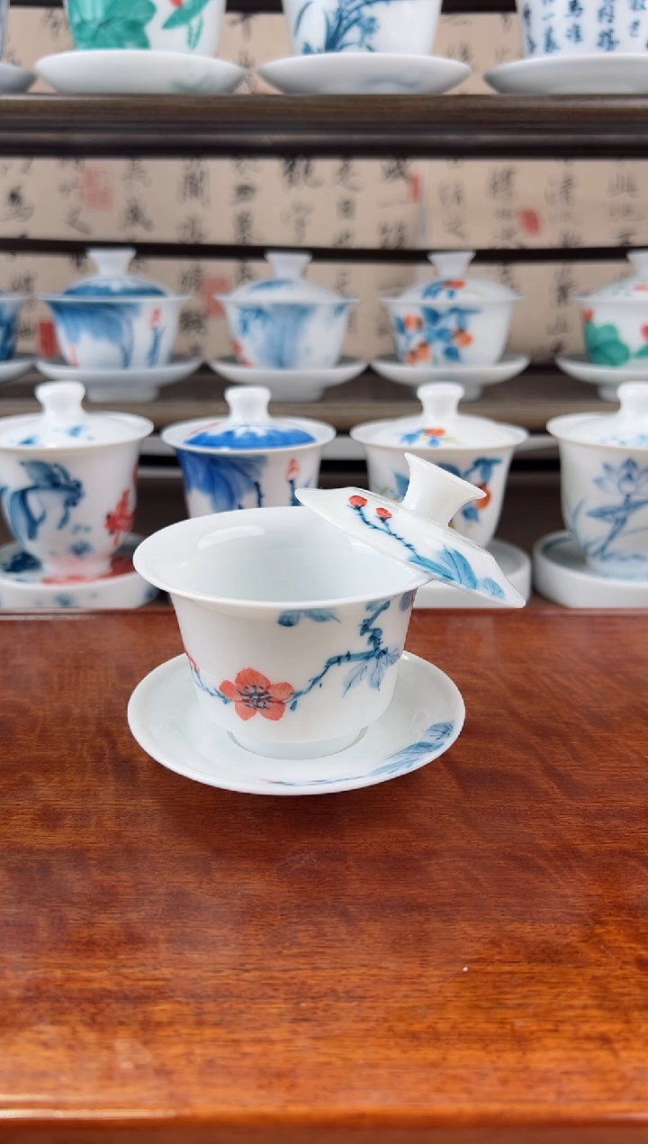 微瑕山茶花三才小马蹄盖碗