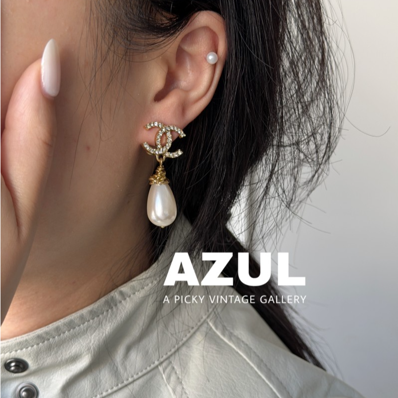 95新 Chanel/香奈儿 Azul - 20K 水滴珍珠闪钻双c耳钉 50622