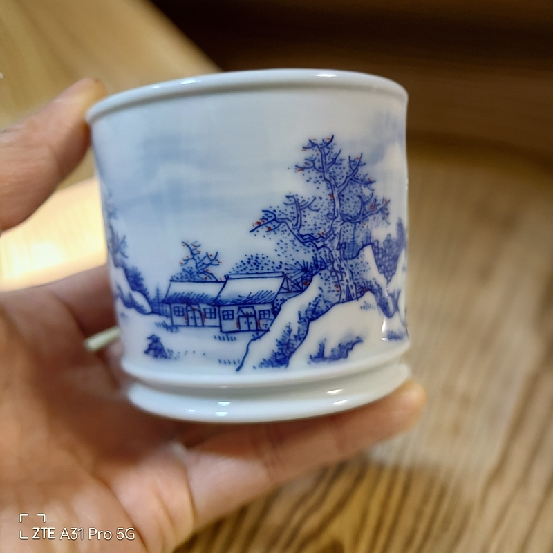 景德镇纯手工制作手绘青花雪景直筒杯