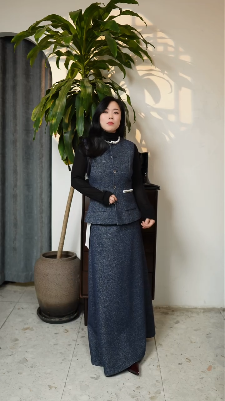 高定设计款小香马甲半裙套装，宝蓝色，L码